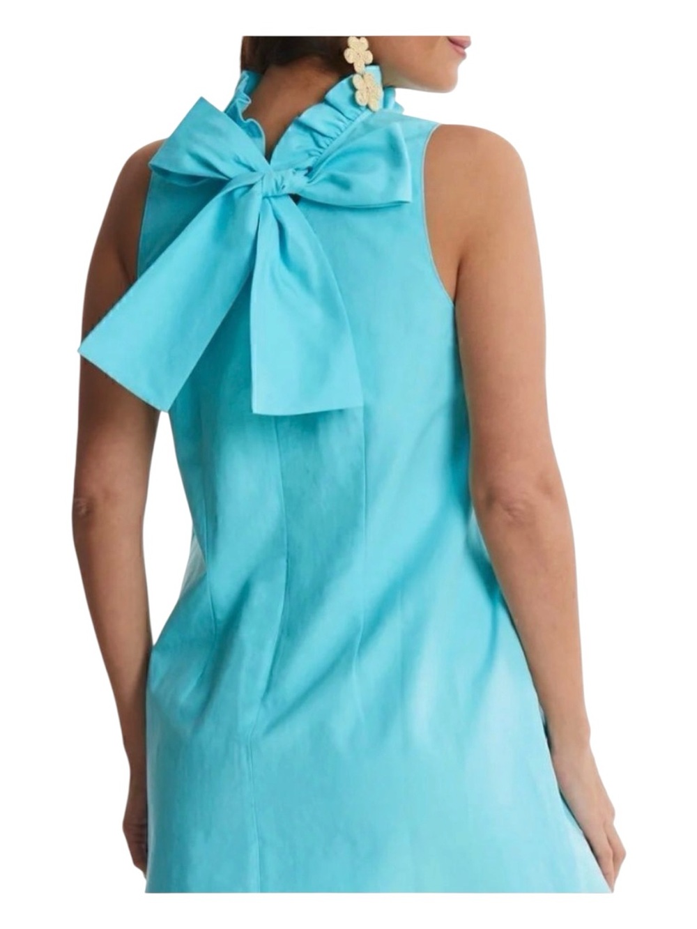 NWT Tyler Boe Vibrant Turquoise Linen Cotton Blend Dress w Back Bow Detail Sz L